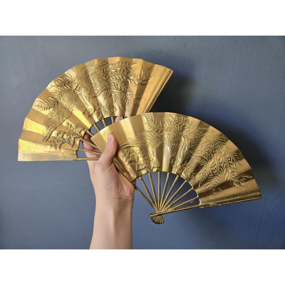 Pair of Solid Cast Brass Oriental Hand Fan Ornaments Phoenix/Ho-o Floral Details - Picture 2 of 8